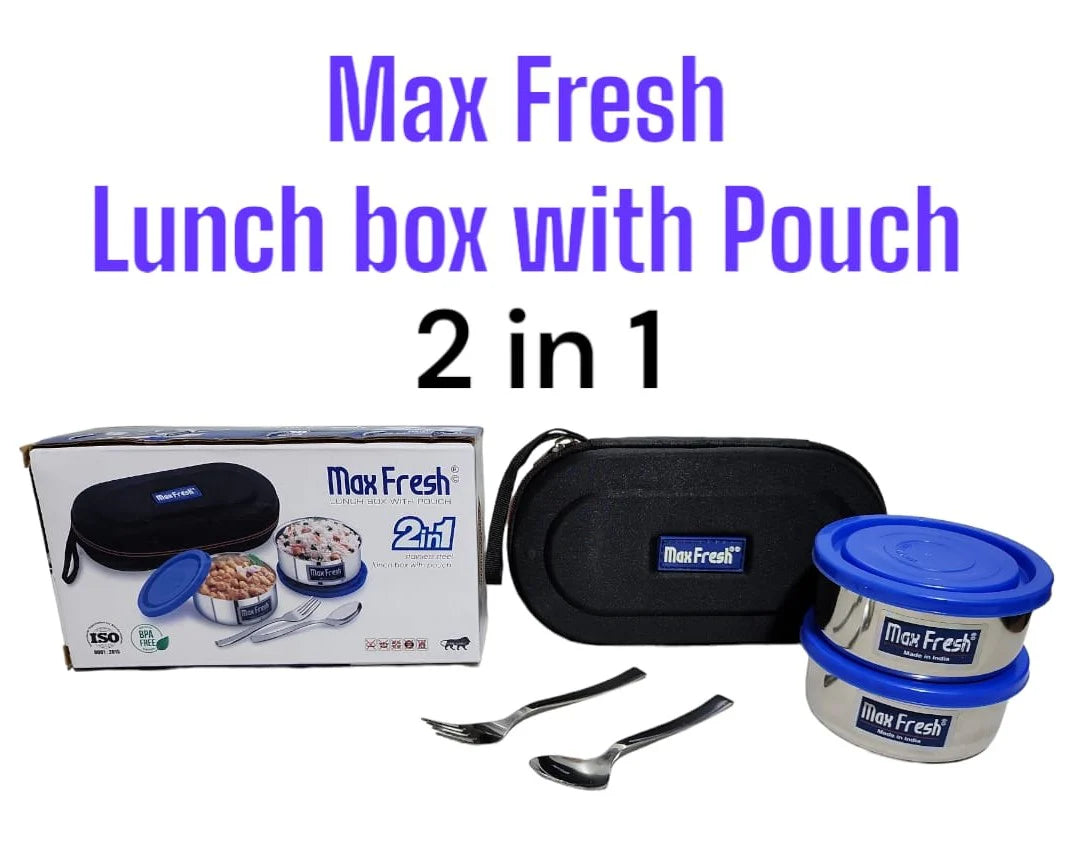 Max fresh Stainless Steel Lunch Box with Pouch Free Spoon and Fork 2in1 Size 10.5cm