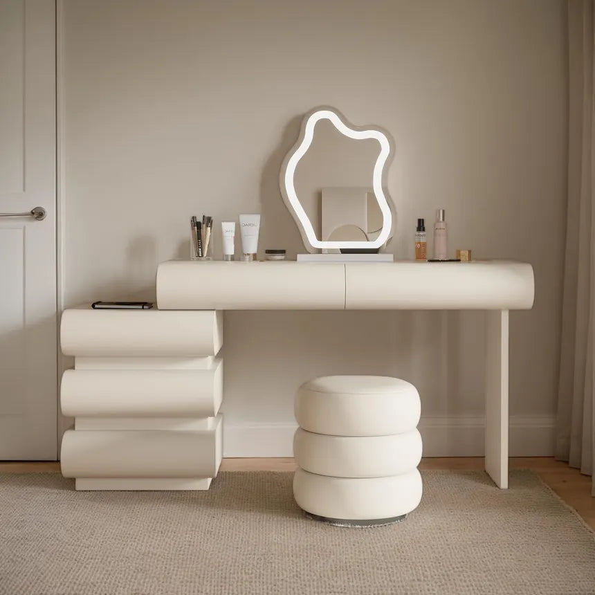 Large Modern Vanity Desk with LED Mirror Light Chair and Storage Shelves for Makeup and Grooming