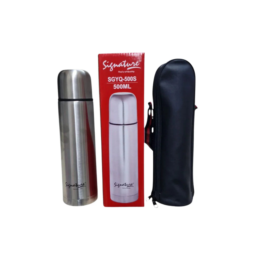 Signature Stainless Steel Vacuum Flask with Bag – Leak-Proof, Compact & Travel-Ready
