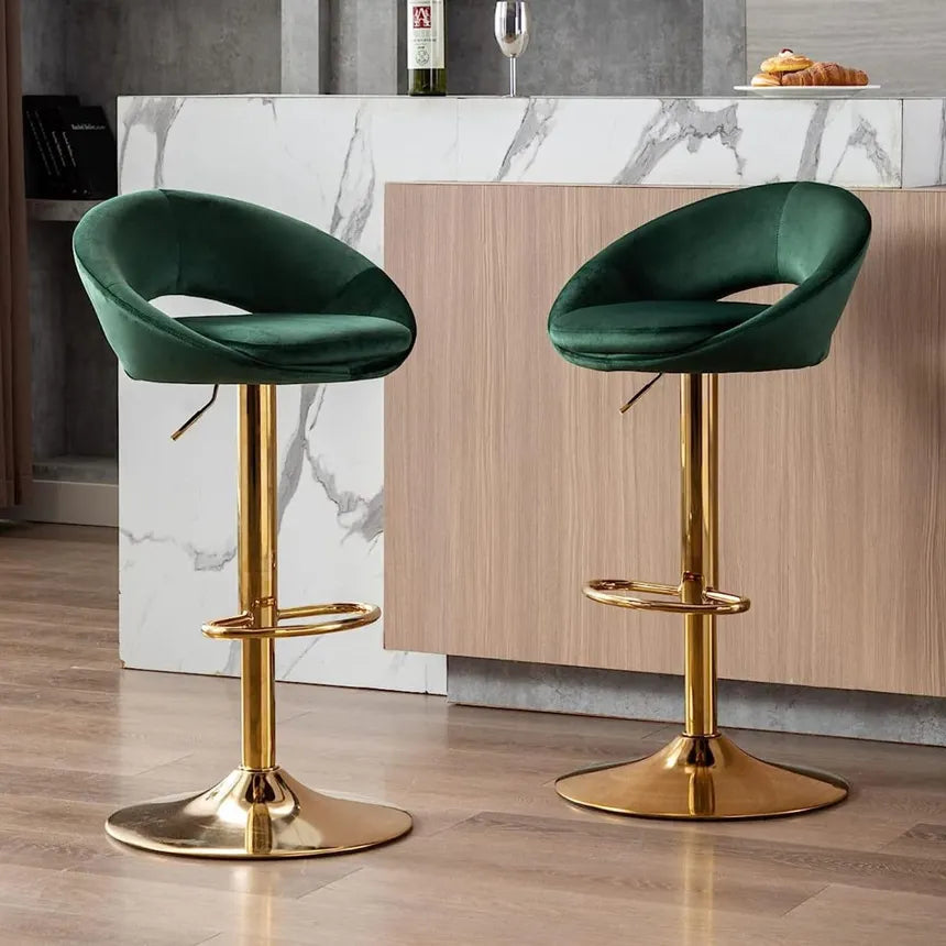 Velvet Swivel Bar Chair with Backrest – Height Adjustable, Gold Legs | Modern Bar Stool