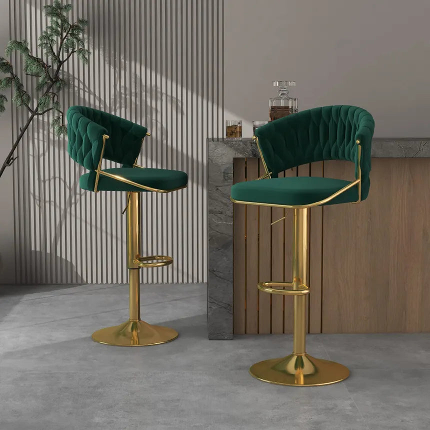 Velvet Swivel Bar Chair with Backrest – Height Adjustable, Gold Legs | Modern Bar Stool