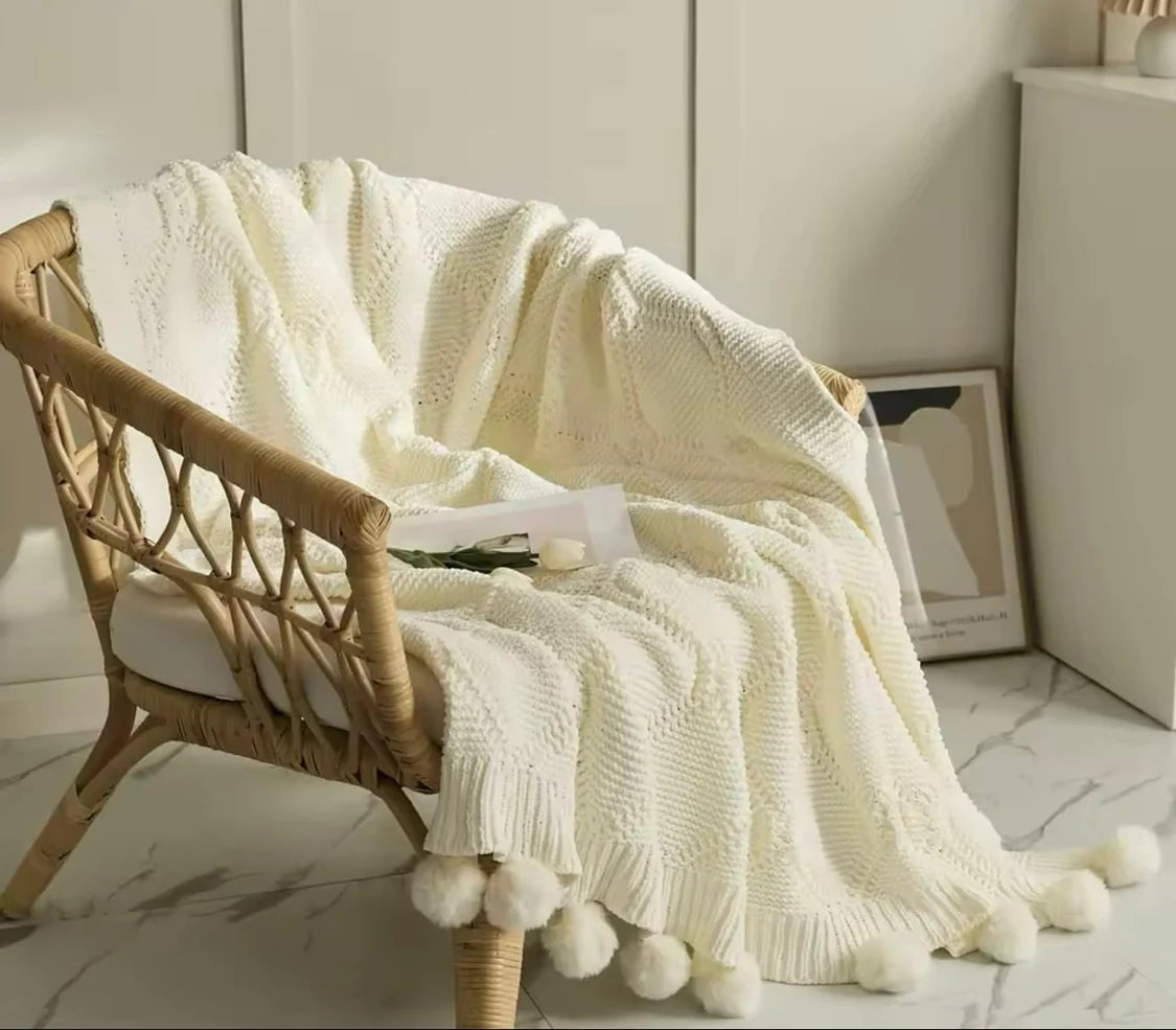 Jacquard Sherpa Comforter Set Queen Size and Chenille Knitted Throw Blanket with Pompoms