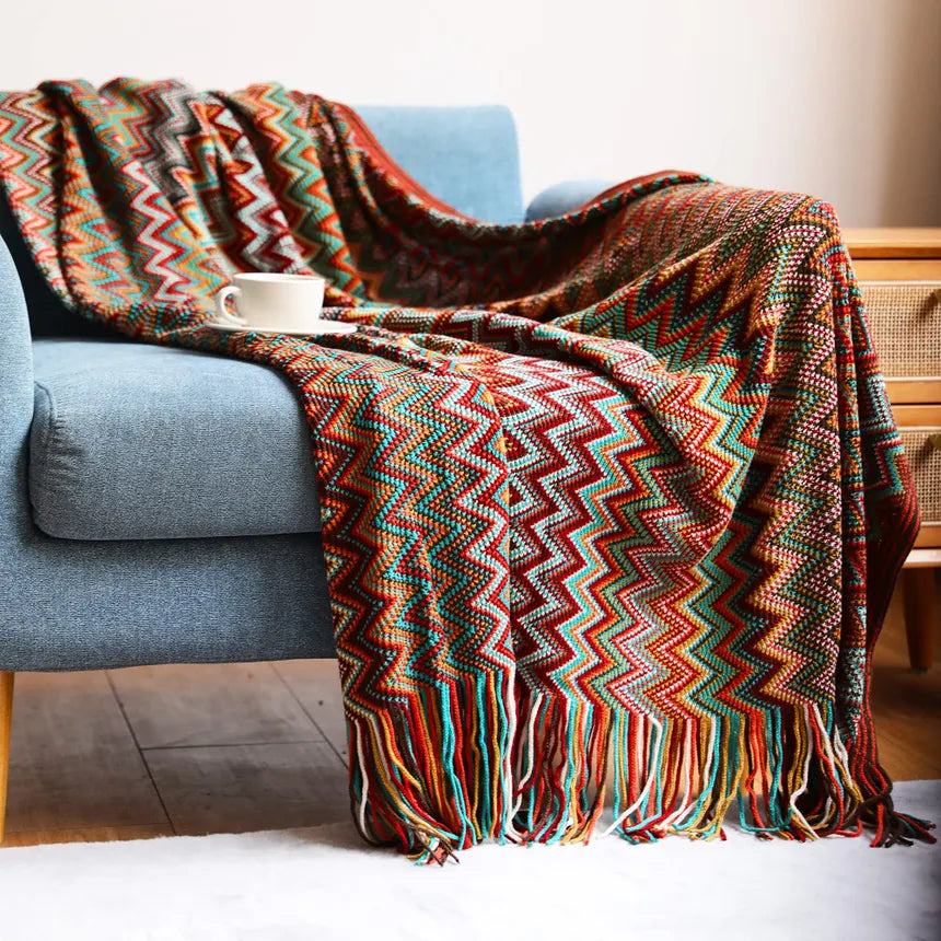 Bohemian Knitted Throw Blanket With Tassel