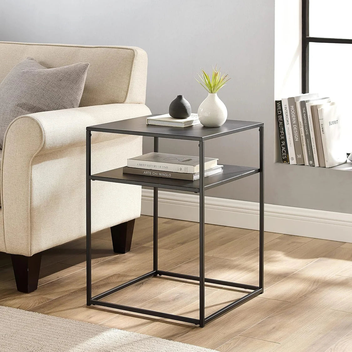 Modern Storage Table 2-Tier Metal Accent Table in Black & White Space-Saving Phone Desk, Bedside Table for Bedroom & Lounge Corner