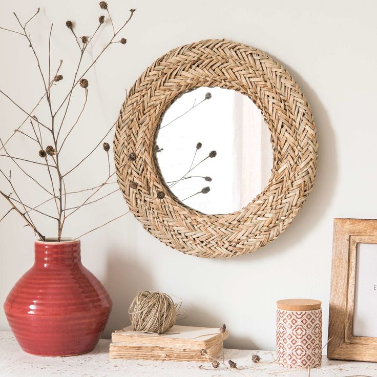 Decorative Water Hyacinth Handmade Braided Natural Boho Mirror