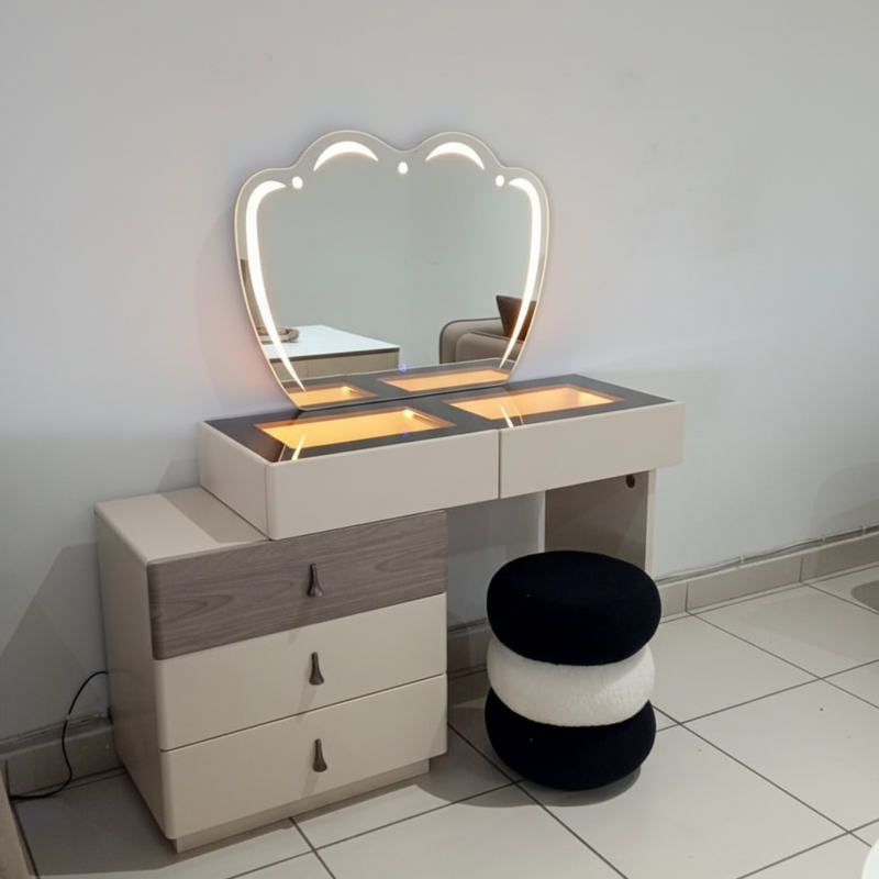 Large Modern Vanity Desk with LED Mirror Light Chair and Storage Shelves for Makeup and Grooming