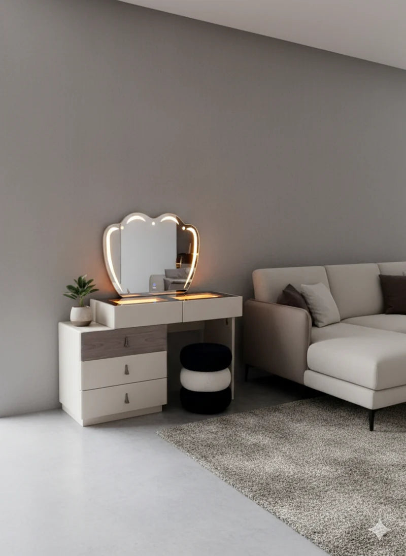 Large Modern Vanity Desk with LED Mirror Light Chair and Storage Shelves for Makeup and Grooming