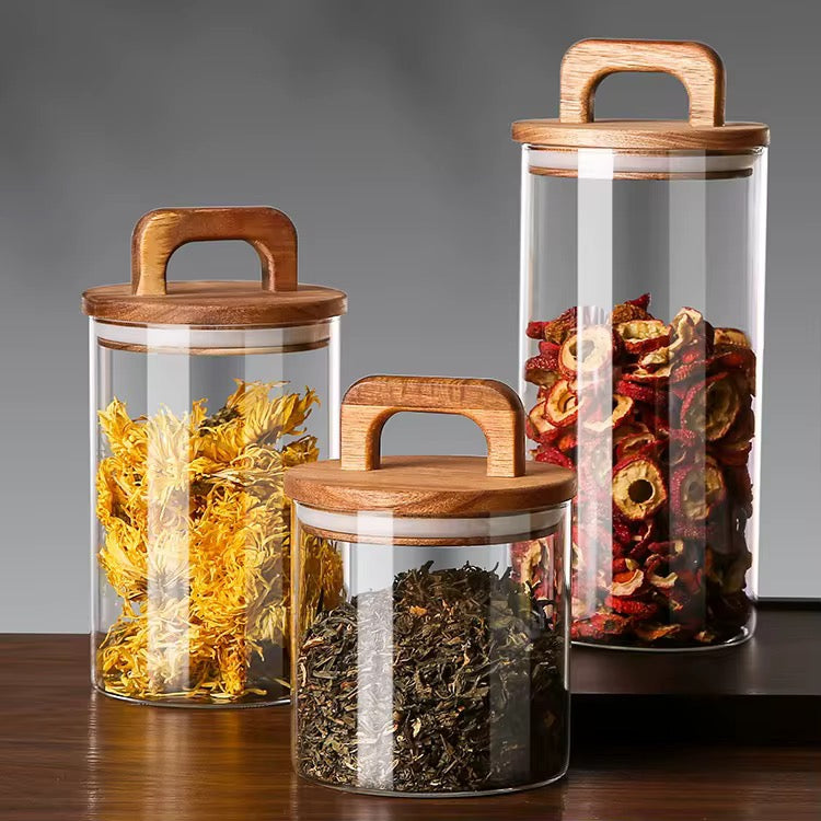 Glass Jar with Solid Wood Lid With Carry Handle Flower Tea Sealer Candy Jar Coffee Bean Organizer Coffee Storage Airtight Canister Petal Decorative Container 1000ML