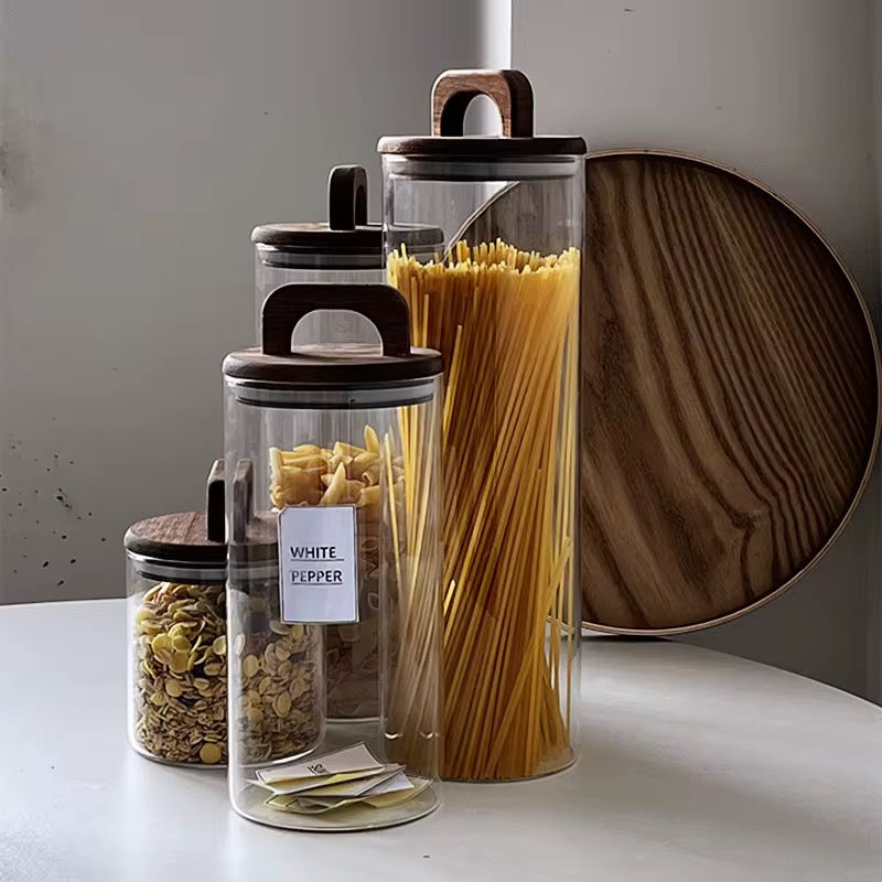 Glass Jar with Solid Wood Lid With Carry Handle Flower Tea Sealer Candy Jar Coffee Bean Organizer Coffee Storage Airtight Canister Petal Decorative Container 1000ML