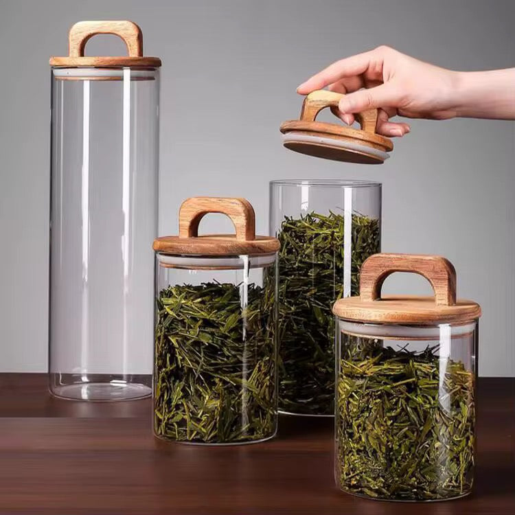 Glass Jar with Solid Wood Lid With Carry Handle Flower Tea Sealer Candy Jar Coffee Bean Organizer Coffee Storage Airtight Canister Petal Decorative Container 1000ML