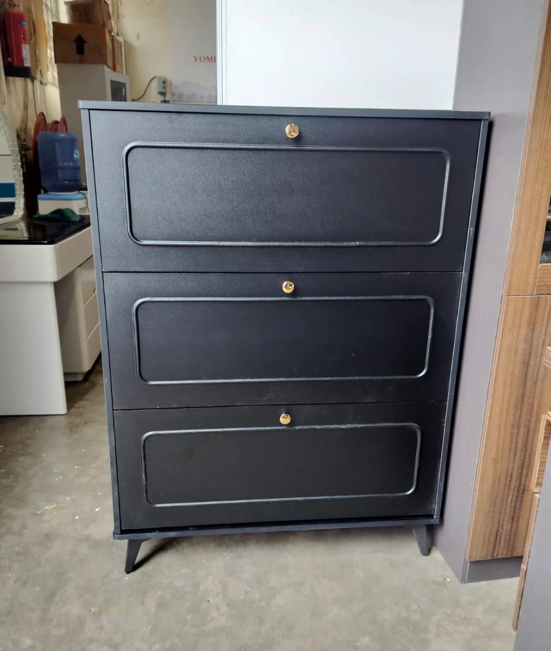 Entryway Shoe Cabinet Organizer Grey Triple-Layer Flip Rack with Golden Details