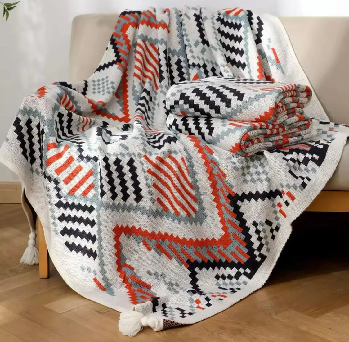 Boho Throw Blanket, Knitted Brown Tassel Throw Blankets