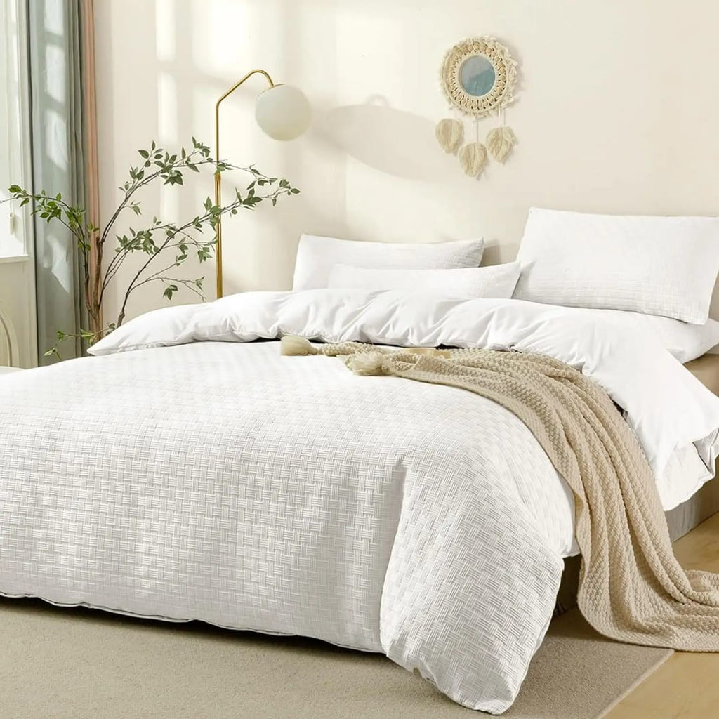 Luxury Waffle Weave Poplin Cotton Duvet Cover Set 6x7 with 2 Pillowcases