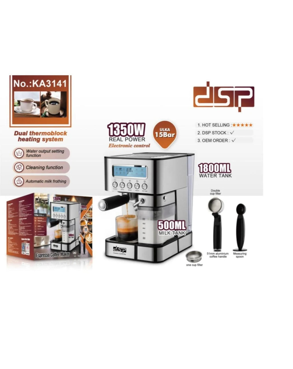DSP Espresso Coffee Maker Machine – 1350W, 15 Bar Pump, 1.8L Water Tank, Milk Frother | Coffee Machine Kenya
