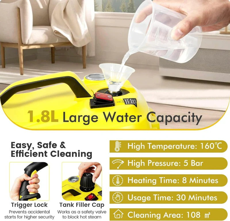 Steam Cleaner, 2000W Handheld Floor Steamer Cleaning Mop with Universal Wheel, 1.8L Tank and 13 Accessories, Professional-Grade Steamer for Cleaning Floors, Mattresses and Cars (Yellow)