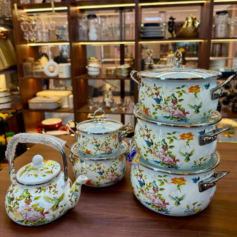 Signature Original Enamel Cookware Set with Kettle –Retro Floral Design, 6 Pieces