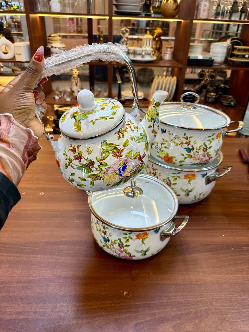 Signature Original Enamel Cookware Set with Kettle –Retro Floral Design, 6 Pieces