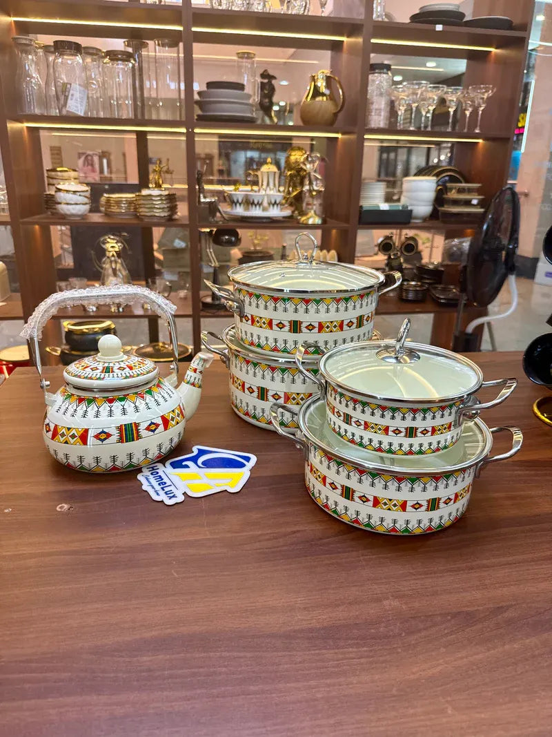 Signature Original Enamel Casseroles & Enamel Kettle Set 5pcs Floral Retro Design