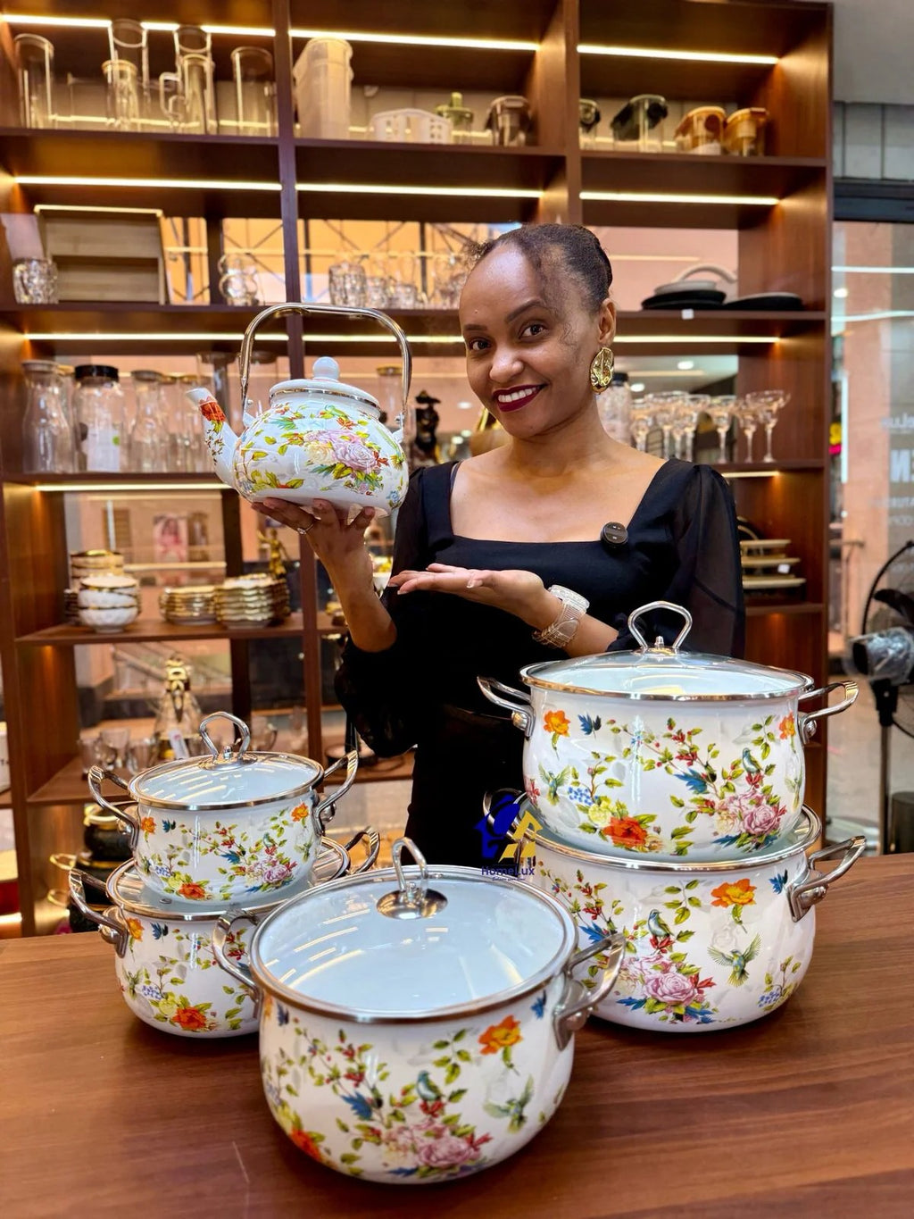 Signature Original Enamel Cookware Set with Kettle –Retro Floral Design, 6 Pieces