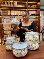 Signature Original Enamel Cookware Set with Kettle –Retro Floral Design, 6 Pieces