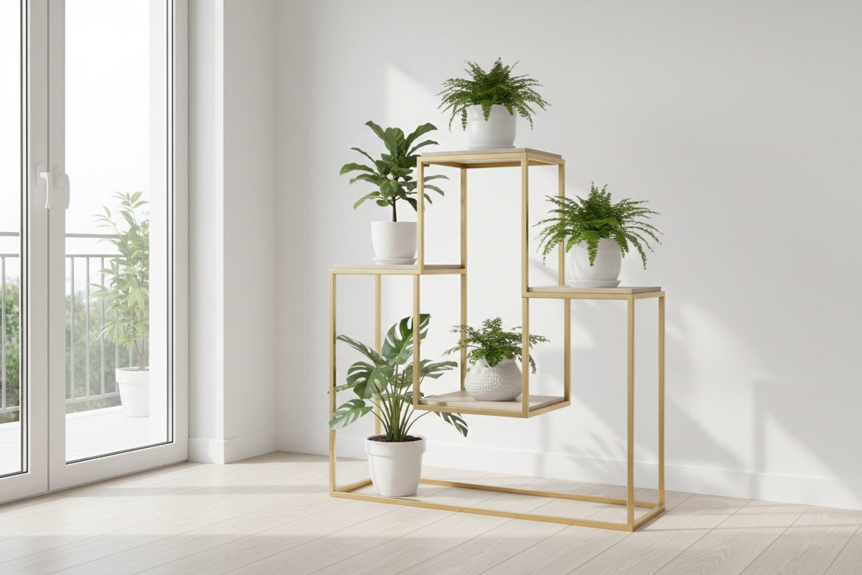 Nordic Wind Indoor Floor Type Flower Rack Gold Iron Art Storage Shelf Home Balcony Plant Decoration Flowerpot Stand