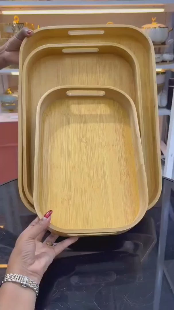 3pcs Bamboo Food Storage & Serving Tray Set with Handles