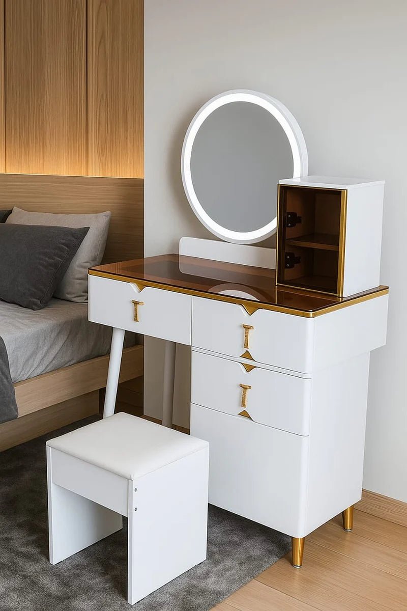 Nordic Luxury Vanity Makeup Desk with Mirror, Drawers & Built-in LED Lighting