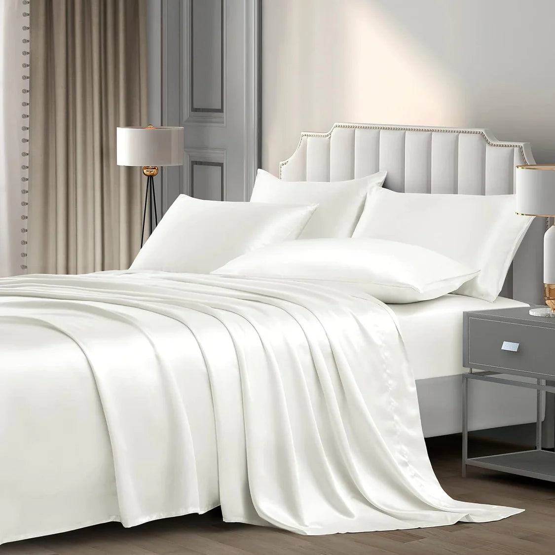 Luxury Silky Satin Silk Soft Fitted Bedsheets Bed Set- King Size