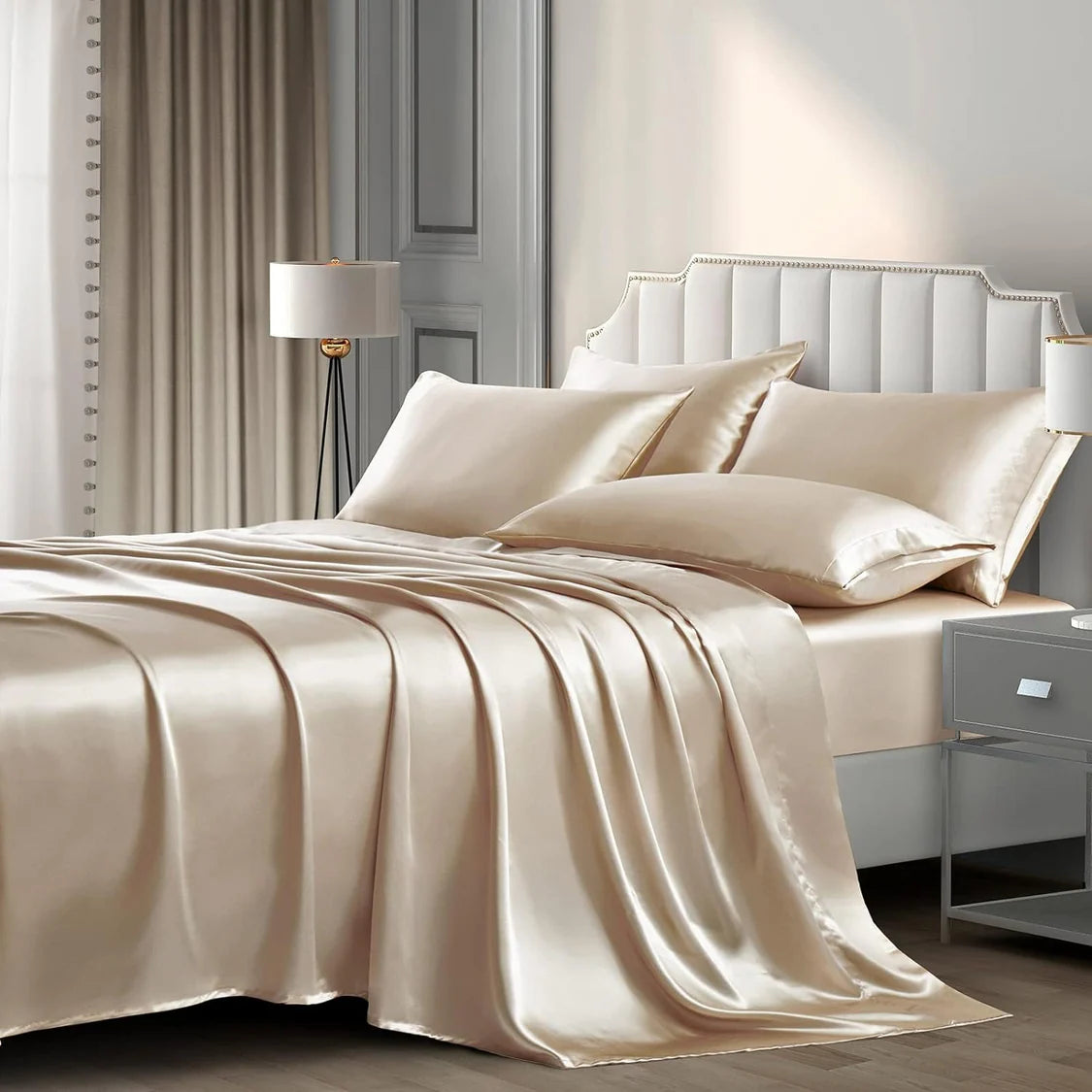 Luxury Silky Satin Silk Soft Fitted Bedsheets Bed Set- King Size
