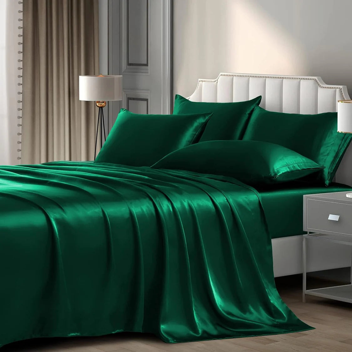 Luxury Silky Satin Silk Soft Fitted Bedsheets Bed Set- King Size